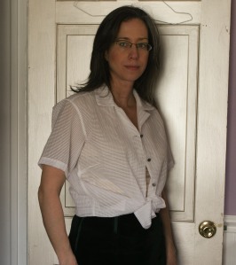 Here I am trying on the shirt-plus-bustier combo.  It's hard to photograph layered clothing.  